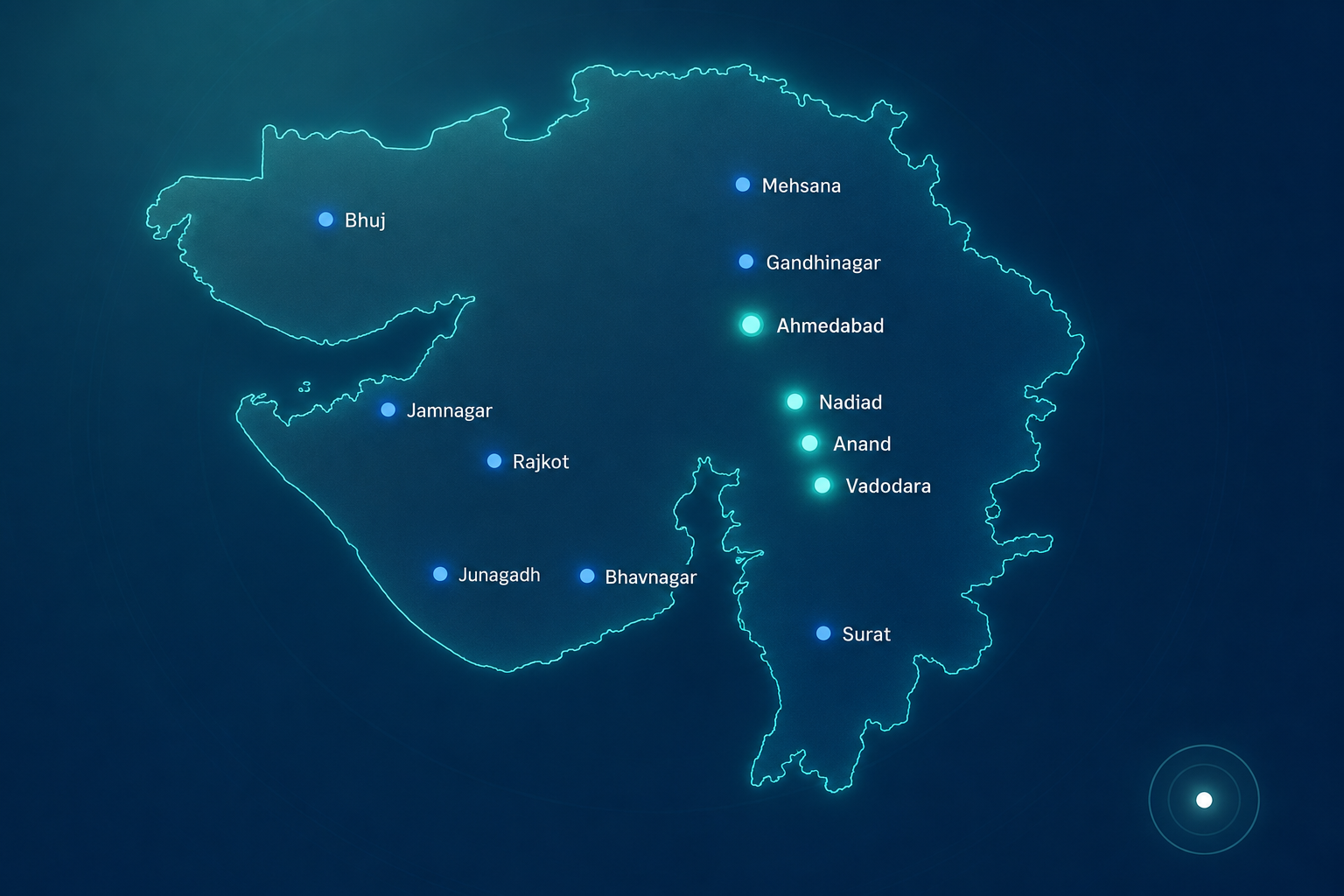 Map of Gujarat highlighting Ranovexa service cities